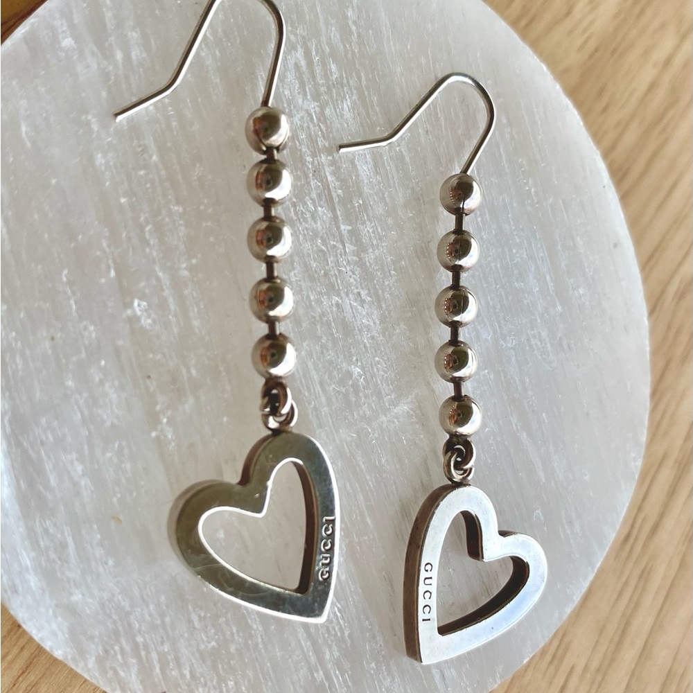 Gucci Sterling Silver Heart Ball Chain Hook Earrings